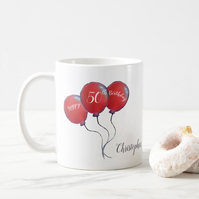50th birthday red balloon gift coffee mug (With Donut)