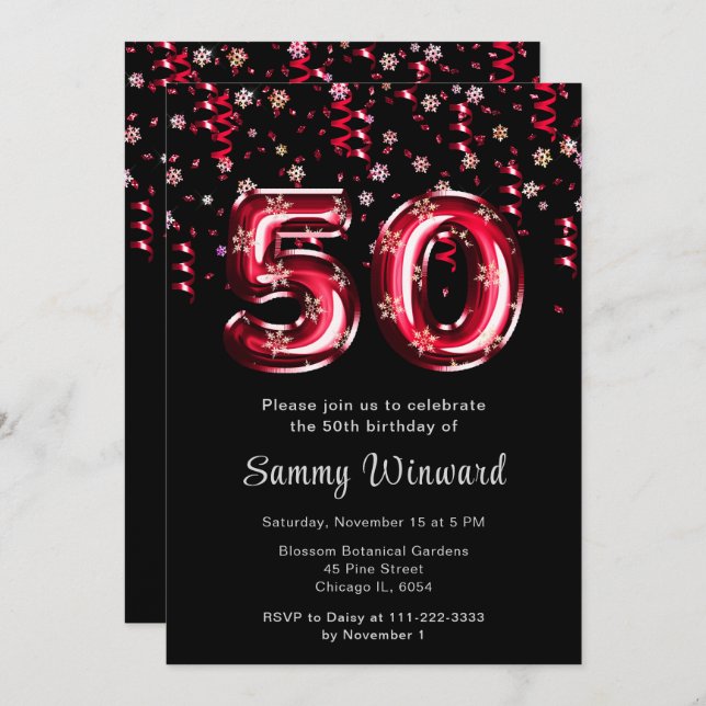 50th Birthday Red Balloons Snowflake Confetti Invitation (Front/Back)
