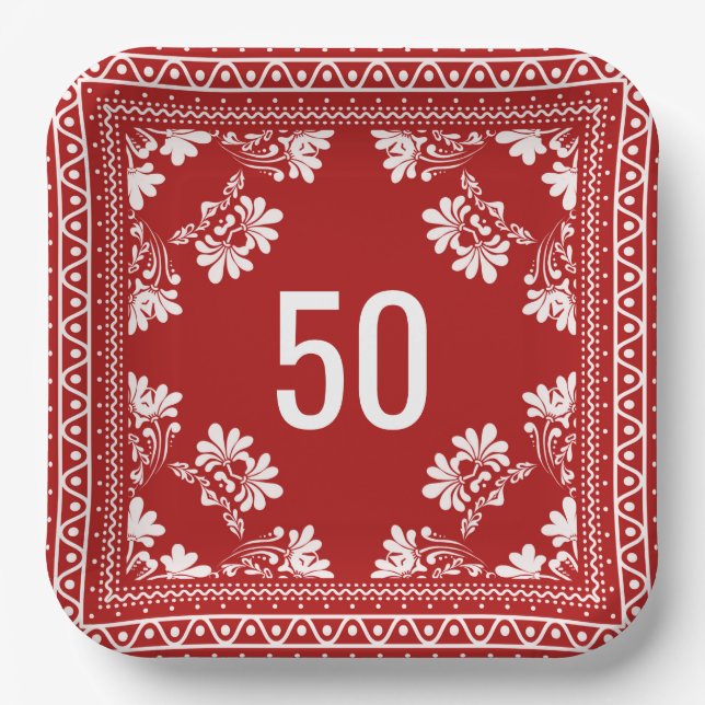 50th Birthday Red Bandanna Paper Plate (Front)