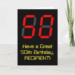 50th Birthday: Red Digital Clock Style "50" + Name Card