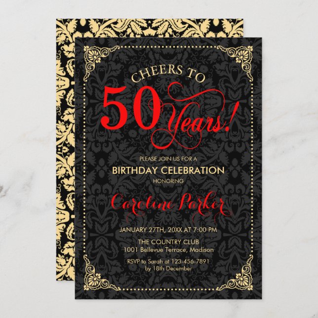 50th Birthday - Red Gold Black Damask Invitation (Front/Back)