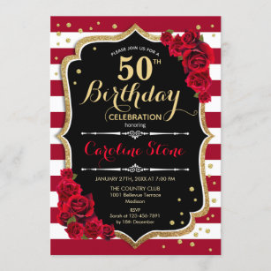 50th Birthday - Red Gold Black White Stripes Roses Invitation