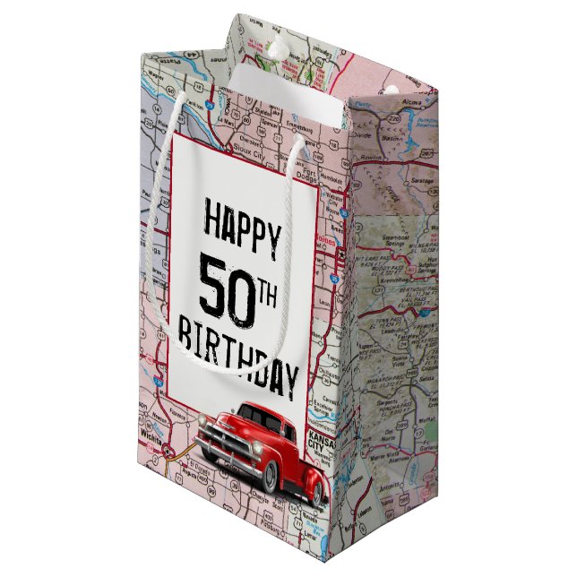 50th Birthday Red Retro Truck on Map    Small Gift Bag (Front Angled)