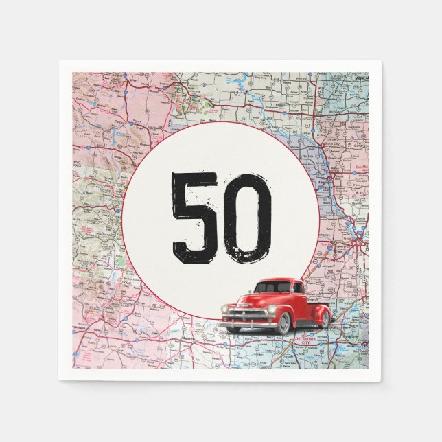 50th Birthday Red Retro Truck on Road Map  Napkin (Front)