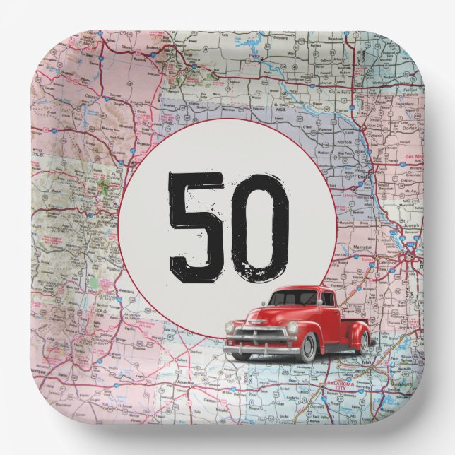 50th Birthday Red Retro Truck on Road Map  Paper Plate (Front)