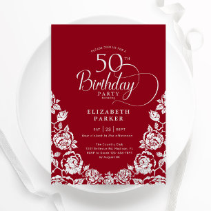 50th Birthday Red Silver Roses Invitation