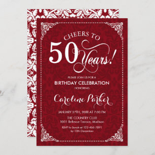 50th Birthday - Red White Damask Invitation