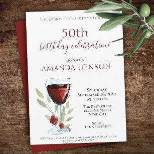 50th Birthday Red Wine Watercolor Party Invitation