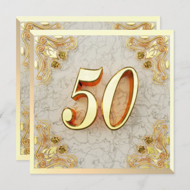 50th Birthday Regal Gold Marble Greeting or Invitation (Front/Back)