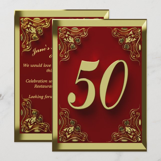 50th Birthday Regal Gold Red Greeting or Invitation (Front/Back)