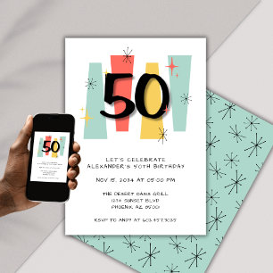 50th Birthday Retro Midcentury Modern Colourful Invitation