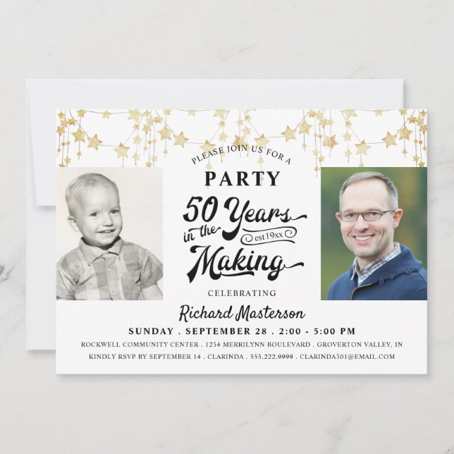 50th Birthday Retro Typography Gold Black Photo Invitation (Front)