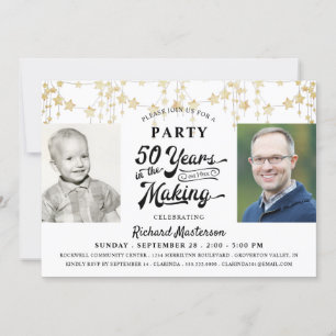 50th Birthday Retro Typography Gold Black Photo Invitation