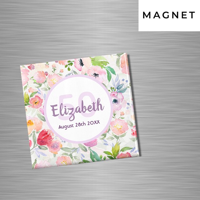 50th birthday romantic watercolored pink florals magnet (Creator Uploaded)