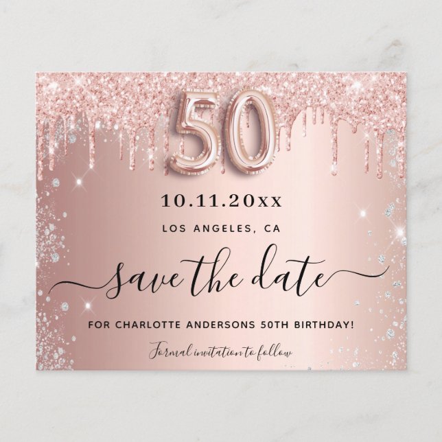 50th birthday rose glitter budget save the date flyer (Front)