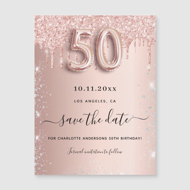 50th birthday rose glitter save the date magnet (Front)