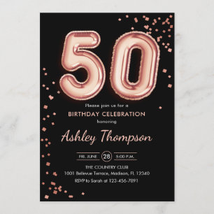 50th Birthday - Rose Gold Balloons Black Invitation