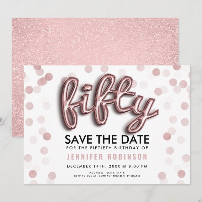 50th Birthday Rose Gold Balloons Glitter Invitation (Front/Back)