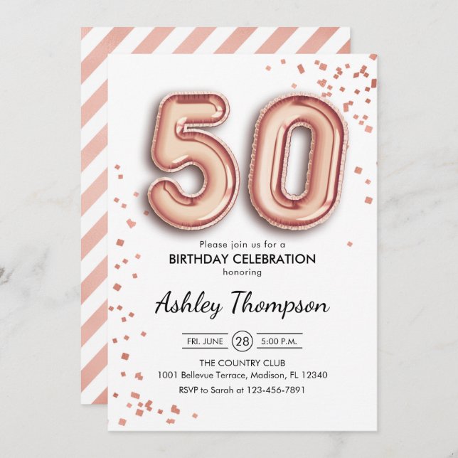 50th Birthday - Rose Gold Balloons Invitation (Front/Back)