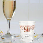 50th birthday rose gold blush confetti name shot glass<br><div class="desc">For a 50th birthday. Transparent background.  Decorated with rose gold sparkles,  confetti.  Personalise and add a date,  name. Number 50 is written with a balloon style font.</div>