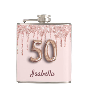 50th birthday rose gold blush friends hip flask
