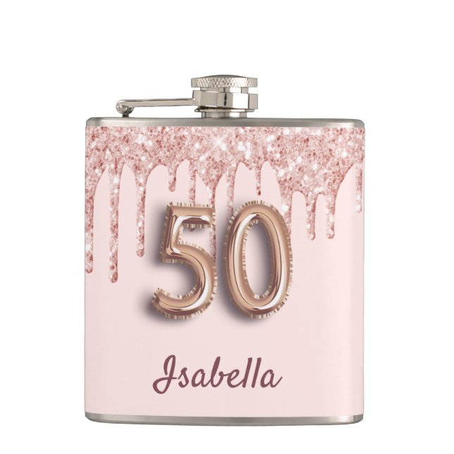 50th birthday rose gold blush friends hip flask (Front)