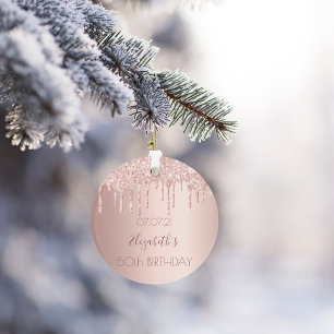 50th birthday rose gold blush glitter drips chic ornament