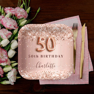 50th birthday rose gold blush glitter name paper plate
