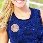 50th birthday rose gold blush name 3 cm round badge<br><div class="desc">Elegant,  classic,  glamourous name tag for a 50th birthday party.  Rose gold and blush gradient background. Decorated with rose gold confetti.  Personalise and add a name.   The name is written with a modern dark rose coloured hand lettered style script.   Number 50 is written with a balloon style font.</div>