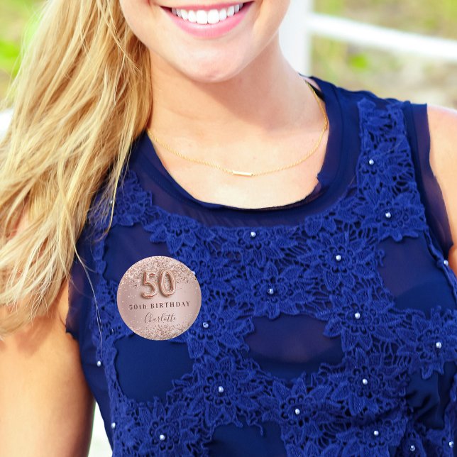 50th birthday rose gold blush name 3 cm round badge (Creator Uploaded)