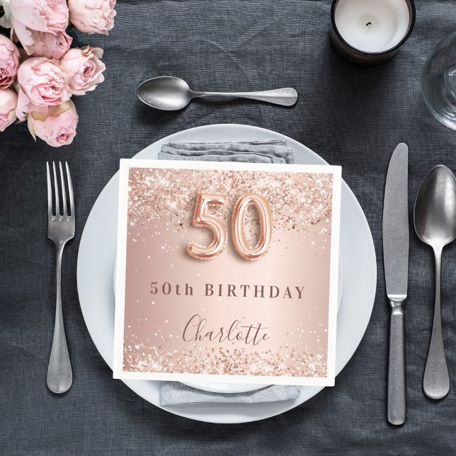 50th birthday rose gold blush name napkin (Creator Uploaded)