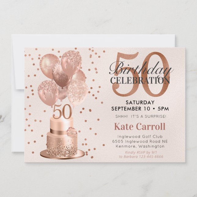 50th Birthday Rose Gold Cake Surprise Party Invitation (Front)
