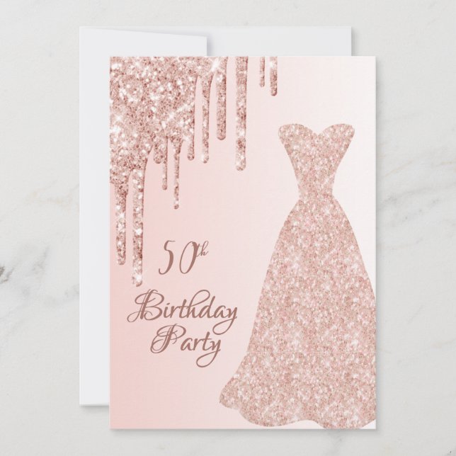 50th birthday rose gold dress glitter drip invitation (Front)