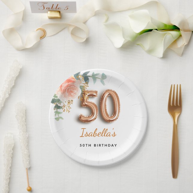 50th birthday rose gold floral eucalyptus elegant paper plate (Wedding)