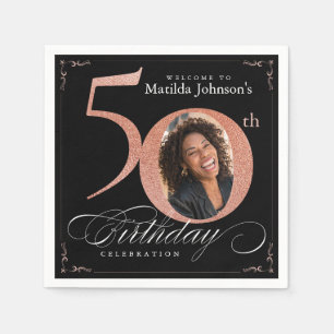 50th Birthday Rose Gold Glitter Black Photo Napkin