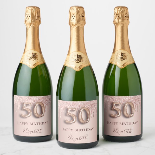 50th birthday rose gold glitter blush elegant sparkling wine label (Bottles)