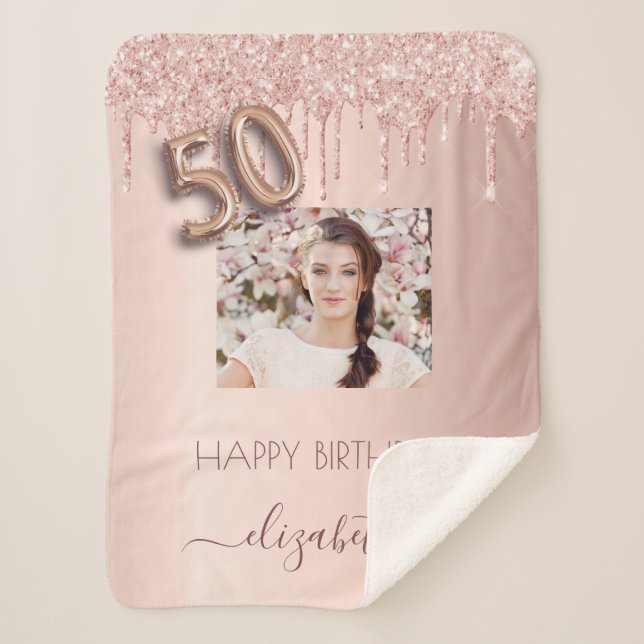 50th birthday rose gold glitter blush name photo sherpa blanket (Front)