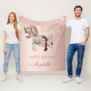 50th birthday rose gold glitter blush pink photo fleece blanket