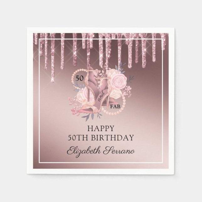 50th Birthday Rose Gold Glitter Drips Foam Board Napkin (Front)