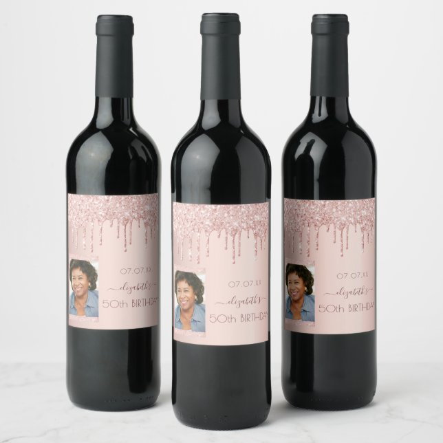 50th birthday rose gold glitter drips photo wine label (Bottles)
