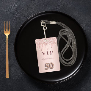 50th birthday rose gold glitter drips pink glam ID badge
