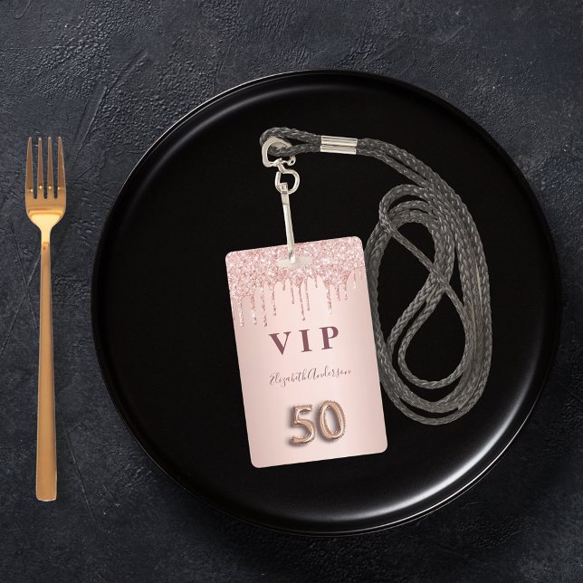 50th birthday rose gold glitter drips pink glam ID badge (Creator Uploaded)