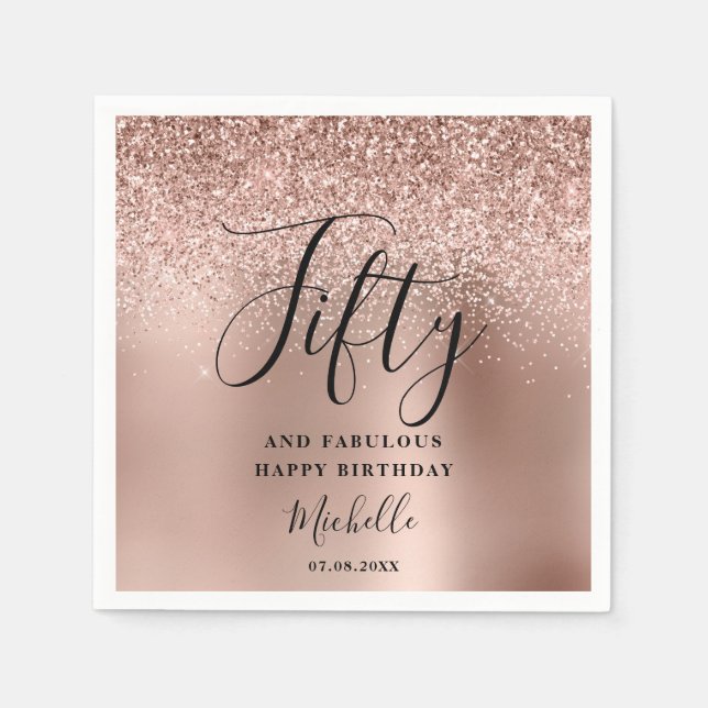 50th Birthday Rose Gold Glitter Fifty And Fab Name Napkin (Front)
