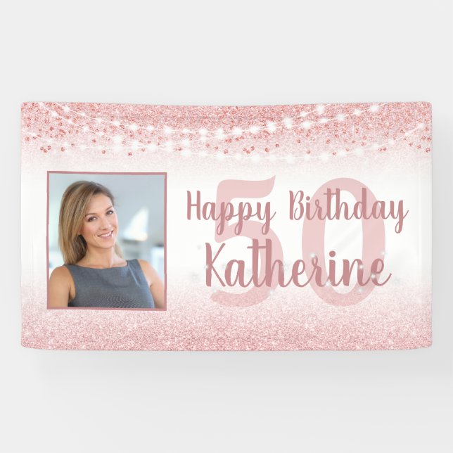 50th Birthday Rose Gold Glitter Lights Photo Banner (Horizontal)