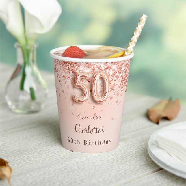 50th birthday rose gold glitter monogram name paper cups (Insitu)