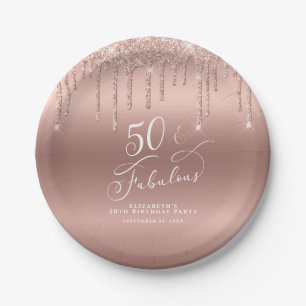 50th Birthday Rose Gold Glitter Personalised Paper Plate