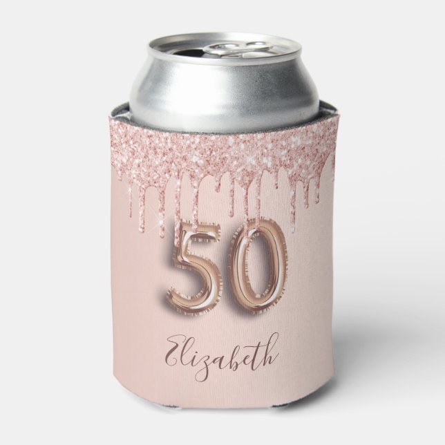 50th birthday rose gold glitter pink balloon style can cooler (Can Front)