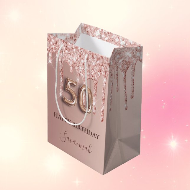 50th birthday rose gold glitter pink balloon style medium gift bag (Creator Uploaded)