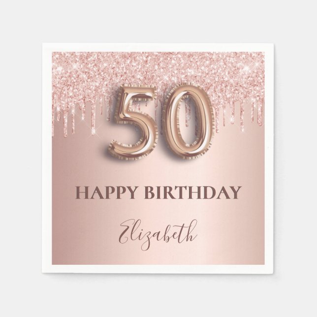 50th birthday rose gold glitter pink balloon style napkin (Front)