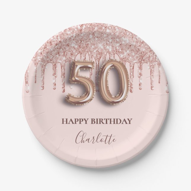 50th birthday rose gold glitter pink balloon style paper plate (Front)